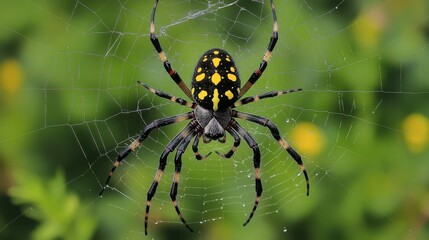 Black Spider with Yellow Spots on Web in a Natural Green Setting