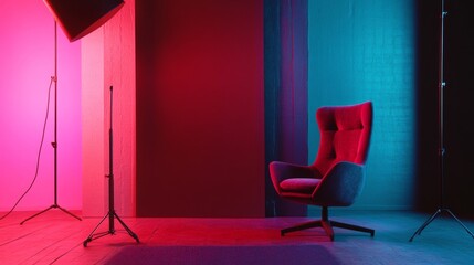 Vibrant studio lighting setup with chairs