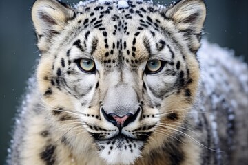 Snow Leopard Close-Up Portrait in Majestic Mountain Landscape. The Wild Panthera of the Big Cat Family