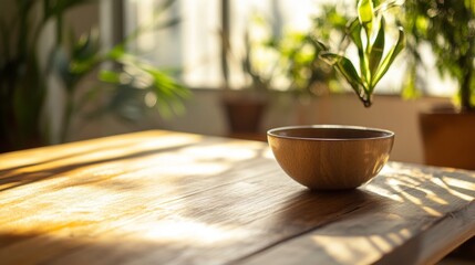 Sunlit wooden table with a bowl and plant