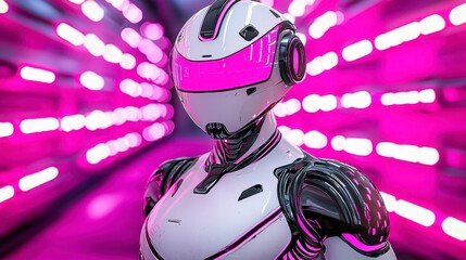 Futuristic Robot in Neon Light Corridor with Pink Glow Effects