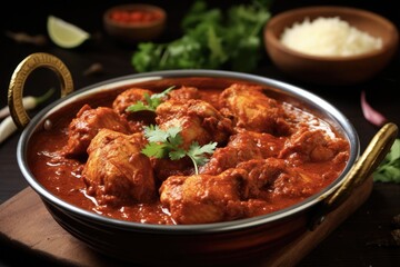 Fototapeta premium Spicy Chicken Vindaloo Curry - Authentic Goan Recipe from India with Punjabi Dhaba Style Hot and Fiery Gravy