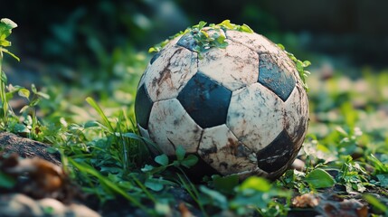 Wet and muddy soccer ball resting on grass during late afternoon