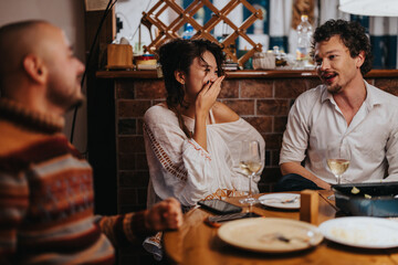 Three friends share a warm moment together, enjoying wine and conversation indoors. The cozy atmosphere and genuine laughter highlight the joy of companionship and the delight of casual gatherings.