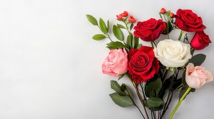 Fototapeta premium Beautiful Arrangement of Red and Pink Roses on White Background