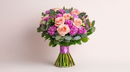 Naklejka premium Beautiful bouquet of pink roses and purple flowers with greenery