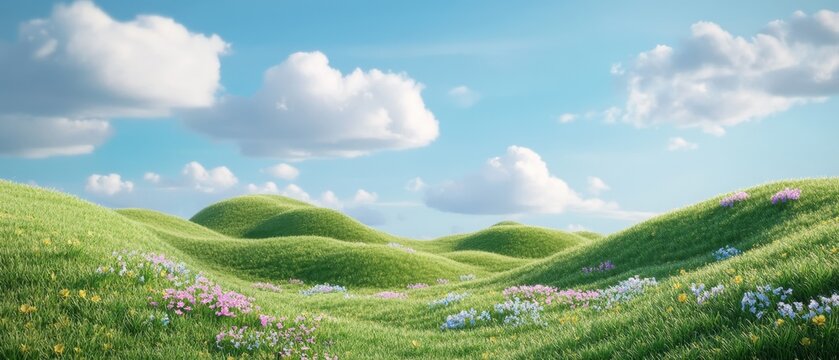 Serene meadow landscape with rolling green hills under blue sky