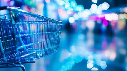 Shopping cart in a brightly lit supermarket