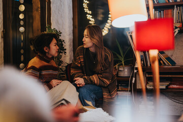Two young women seated in a warm and inviting living room, engaged in meaningful conversation, with...