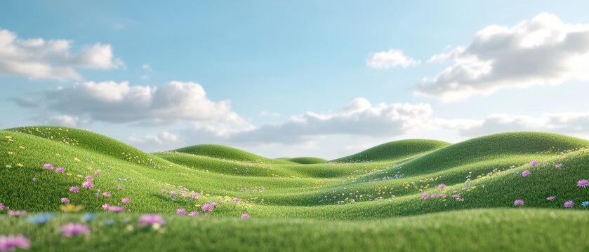 Serene meadow landscape with rolling green hills and wildflowers