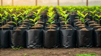 Rows of young green seedlings in black bags on a farm field