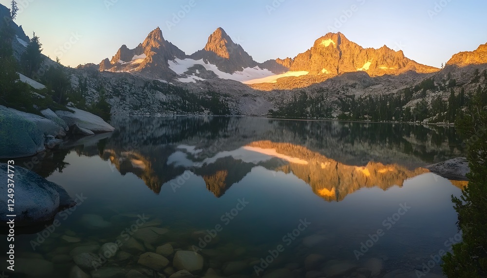 Poster serene mountain landscape at sunset with reflections in calm lake surrounded by rugged peaks and lus