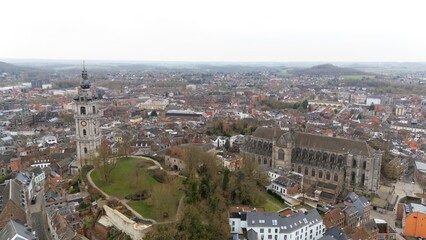 Obraz premium Aerial View of Mons Belfry and Saint Waltrude Collegiate Church 