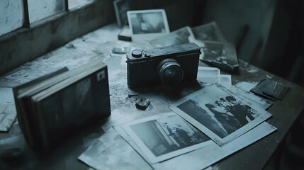Old camera on dusty table, near window, surrounded by photos, evokes nostalgia, ideal for illustrating past memories or history