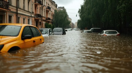 Danger of Heavy Storm Concept, Heavy Rain Causes Street Flooding with Abandoned Cars in Urban Environment during Stormy Weather Conditions