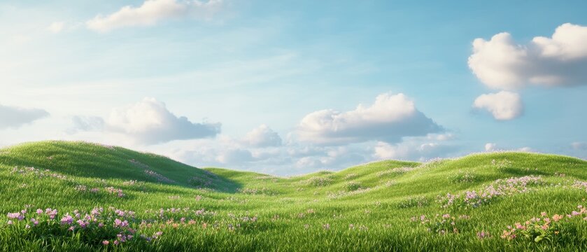 Serene meadow landscape with rolling green hills and blue sky
