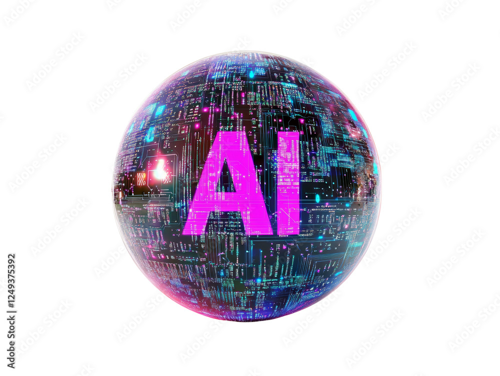 Poster artificial intelligence concept with digital sphere and glowing pink ai