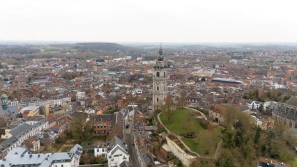 Fototapeta premium Aerial View of Mons, Belgium with Belfry Tower 
