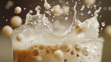 Splash of Refreshing Beverage with Ice and Bubbles in Glass