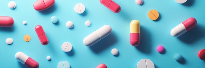 Colorful graphic layout featuring assorted capsules and tablets on a blue background