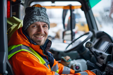Generative AI portrait of a smiling truck driver inside a vehicle, showcasing a confident and professional demeanor