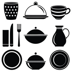 create 9 different simple and minimalist dinnerware silhouette vector