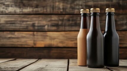 Rustic bottles of craft beverages on a wooden table