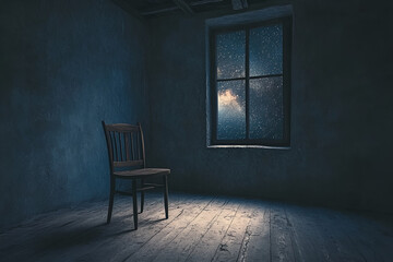 Solitude and Reflection: An empty room shrouded in a cool, blue light. A wooden chair sits in the center, beckoning the viewer to linger in the solitude. Rain patters against a solitary windowpane.
