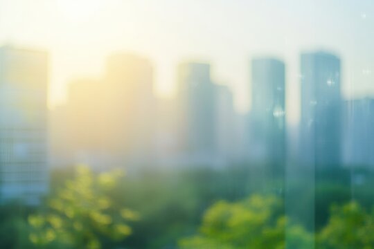 Blurry city view from window, sunrise, urban park