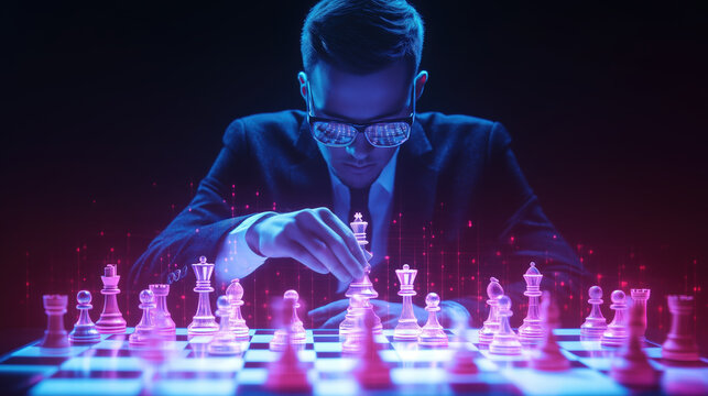businessman playing chess on digital holographic board, showcasing strategy and focus