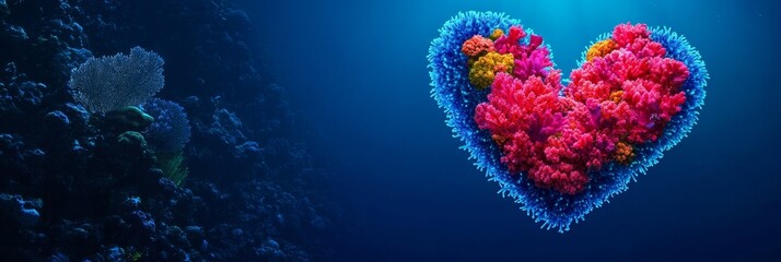 Colorful Coral Heart Underwater - A vibrant heart-shaped formation of multicolored corals against a deep blue ocean background, showcasing underwater beauty.