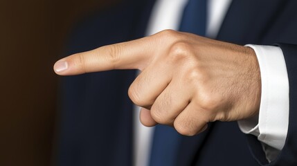 Obraz premium A close-up of a man's hand pointing, wearing a suit jacket, conveying authority or direction in a professional setting.