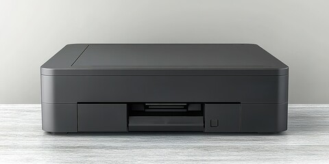 Fototapeta premium Modern black printer on a wooden desk against a neutral wall in a minimalistic workspace