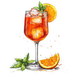 Vibrant watercolor illustration of aperol spritz with orange and basil