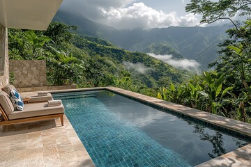 Obraz premium Serene mountain villa with infinity pool overlooking lush green landscape