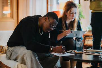 Two individuals engaged in painting and drawing activities, demonstrating teamwork and creativity in a collaborative and relaxed indoor atmosphere.