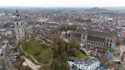 Obraz premium Drone View of Mons Belfry and Saint Waltrude Church 