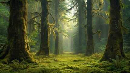 Lush Green Forest with Sunlight Filtering Through Ancient Trees