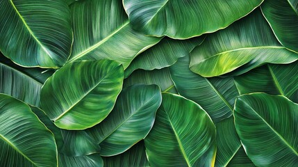 Fototapeta premium Lush green banana leaves creating natural pattern background, tropical foliage texture with overlapping large leaves showing prominent veins and varying shades of emerald green.