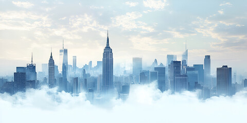 City in the Clouds: A majestic cityscape emerges from a sea of clouds, skyscrapers piercing the misty veil, creating a breathtaking, surreal scene. The image evokes a sense of mystery and grandeur.