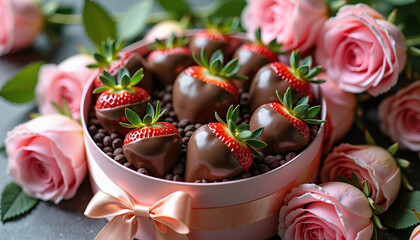 Chocolate-covered strawberries in gift box with pink roses