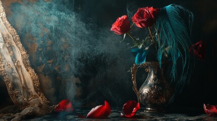 Naklejka premium Dramatic vintage still life with dark feathers