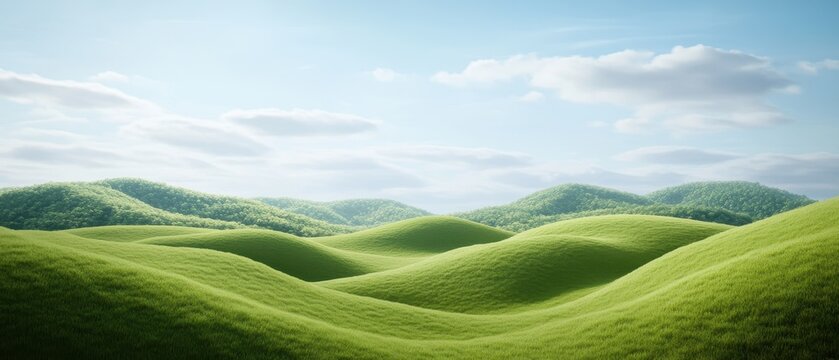 Serene countryside with rolling green hills under blue sky