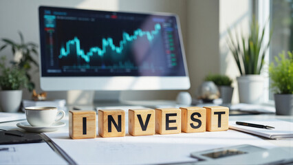 Financial market analysis workspace with stock investment theme and copy space