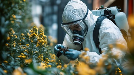 Worker in protective gear examining plants in a greenhouse during pest control in early morning
