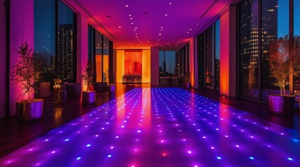 Stunning illuminated dance floor in a city skyline venue at dusk featuring vibrant colors