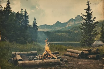 Gordijnen Scenic mountain lake campsite with campfire and surrounding forest landscape in vintage postcard style © pibi37.studio
