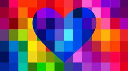 Colorful Pixel Heart Pattern Background Design - A vibrant heart shape surrounded by a grid of colorful squares, symbolizing love, creativity, diversity, positivity, and joy.