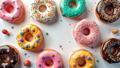 Fototapeta premium Colorful glazed donuts with sprinkles on white background