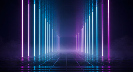 Futuristic Neon Tunnel with Glowing Blue and Pink Light Beams in a Sci-Fi Environment and abstract background with lines